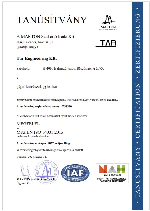 ISO 14001 tanúsítvány